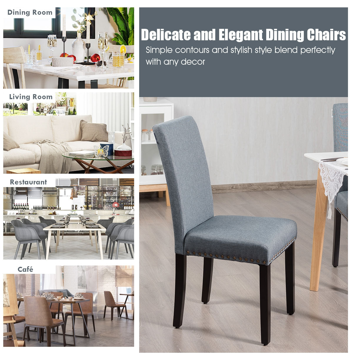 Set of 2 Stylish Upholstered Dining Chairs with Nailhead Accents - Light Grey