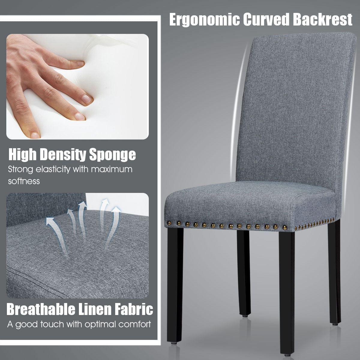 Set of 2 Stylish Upholstered Dining Chairs with Nailhead Accents - Light Grey