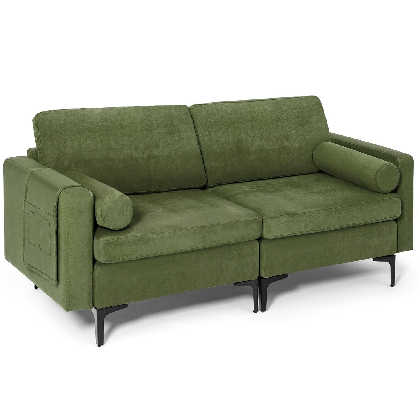 Modern 2-Seat Loveseat Sofa with Bolsters and Side Storage Pocket in Army Green