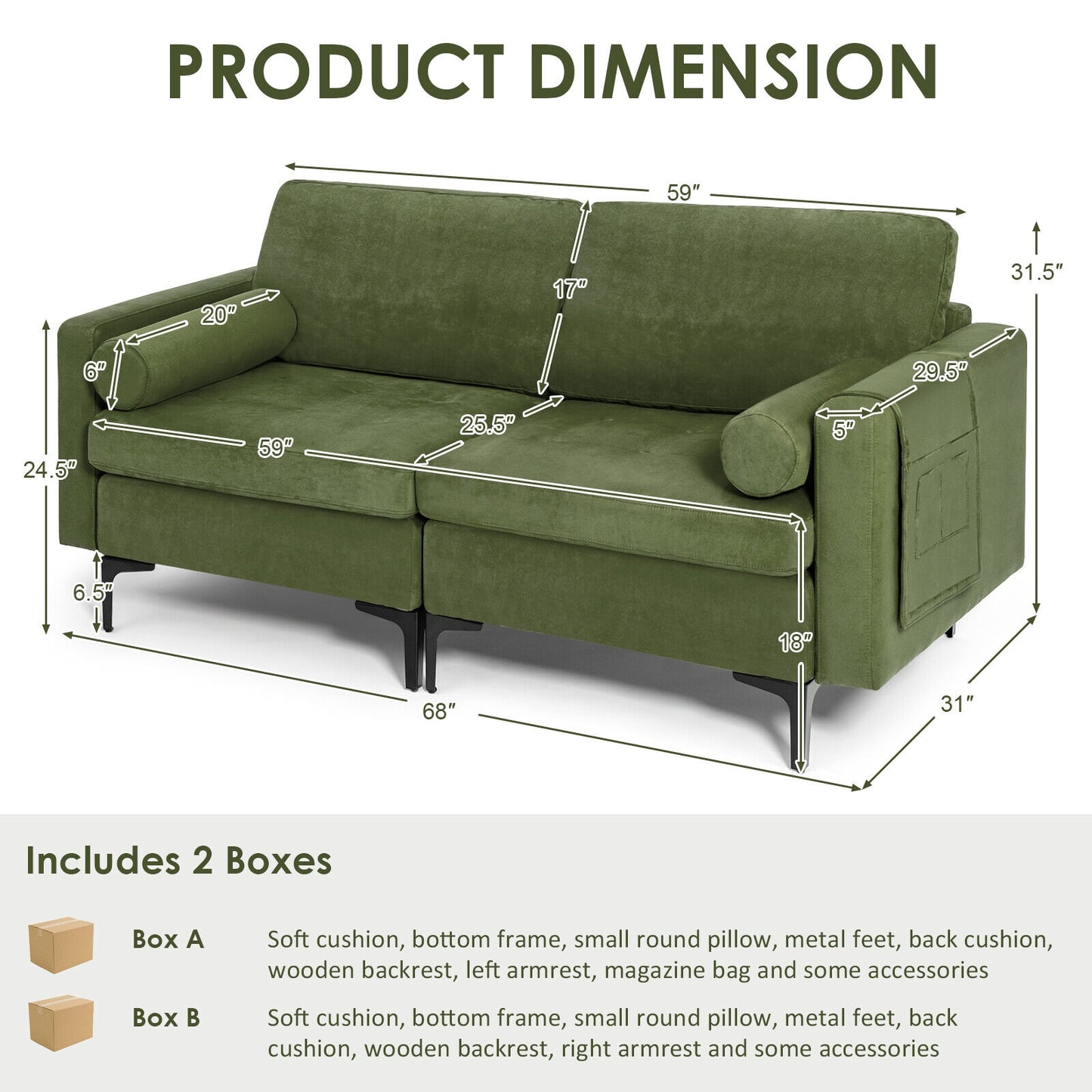 Modern 2-Seat Loveseat Sofa with Bolsters and Side Storage Pocket in Army Green