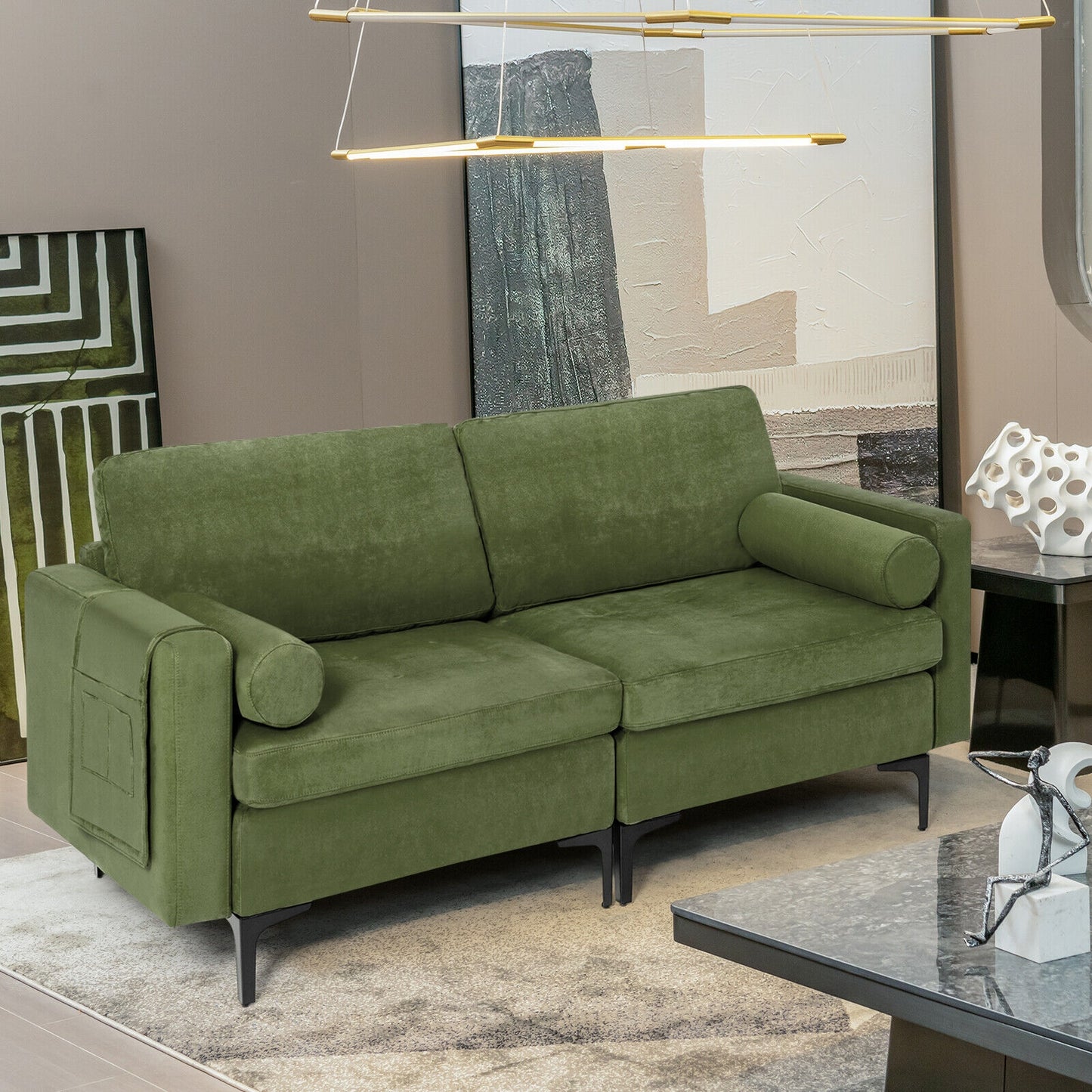 Modern 2-Seat Loveseat Sofa with Bolsters and Side Storage Pocket in Army Green