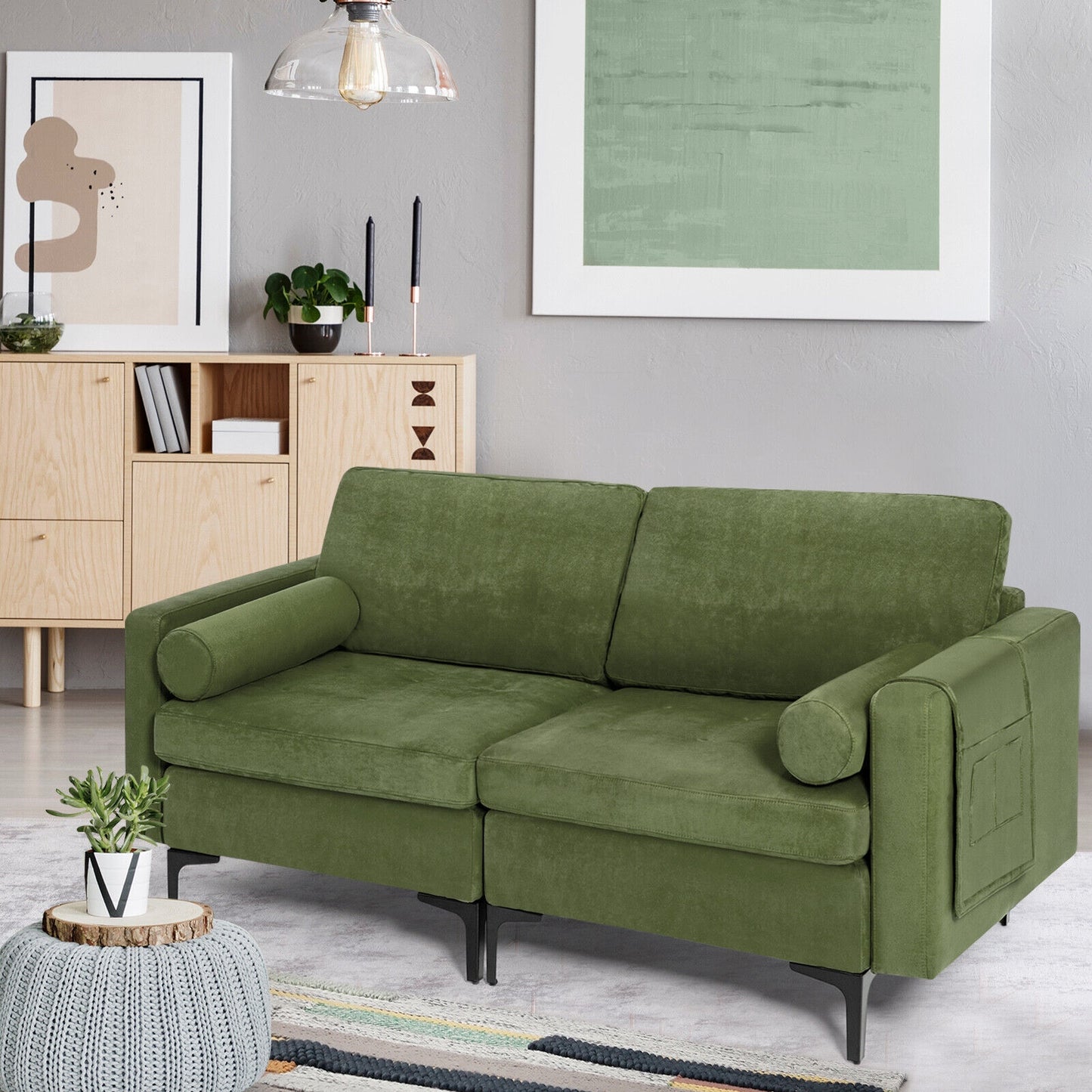 Modern 2-Seat Loveseat Sofa with Bolsters and Side Storage Pocket in Army Green