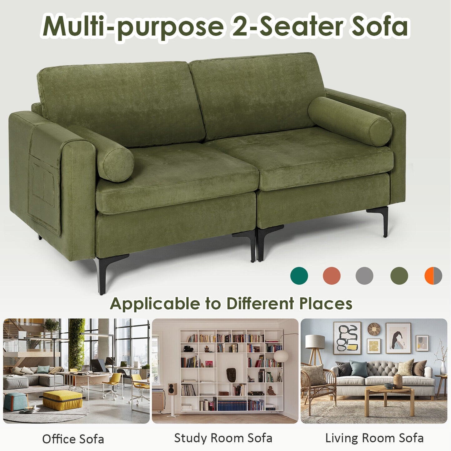 Modern 2-Seat Loveseat Sofa with Bolsters and Side Storage Pocket in Army Green