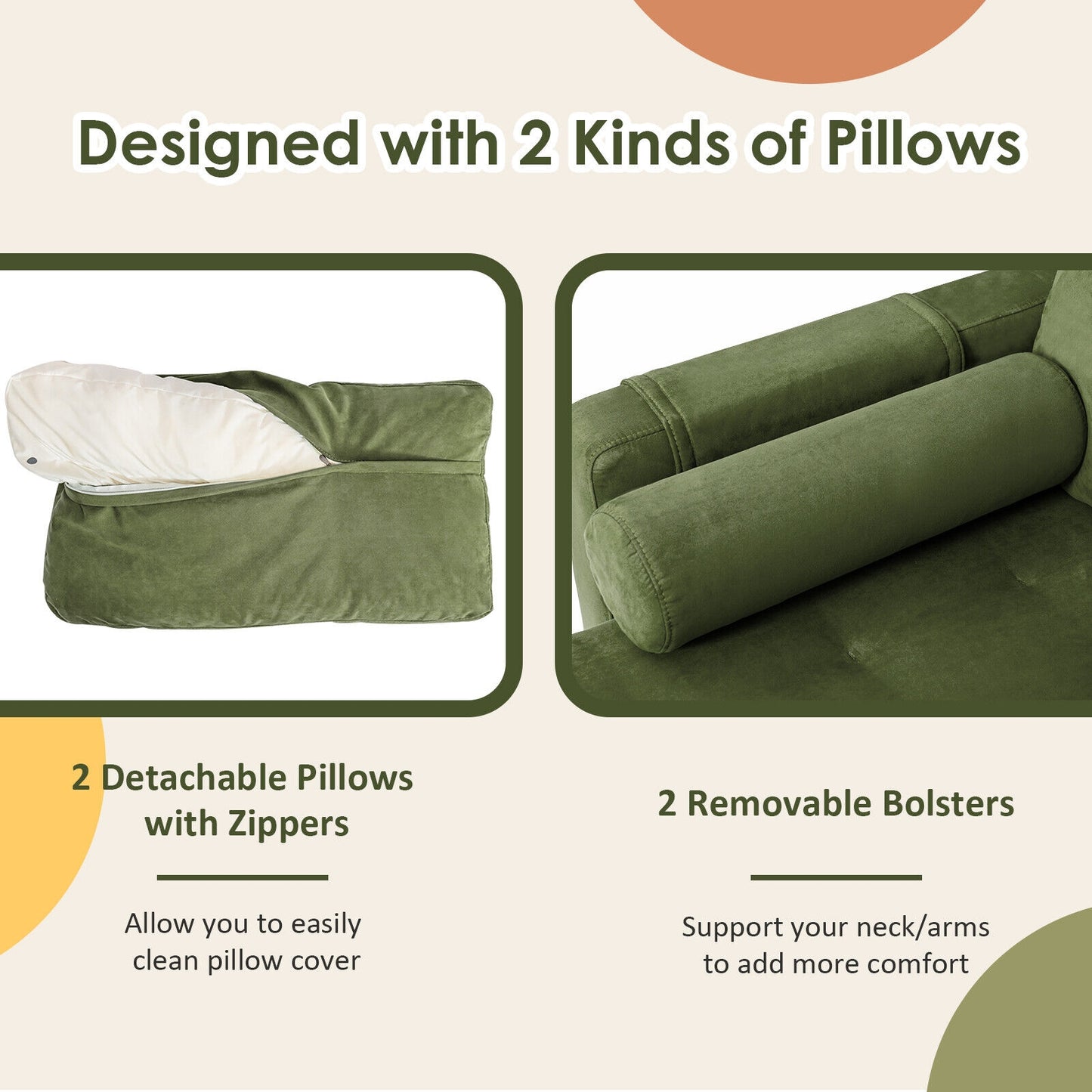 Modern 2-Seat Loveseat Sofa with Bolsters and Side Storage Pocket in Army Green