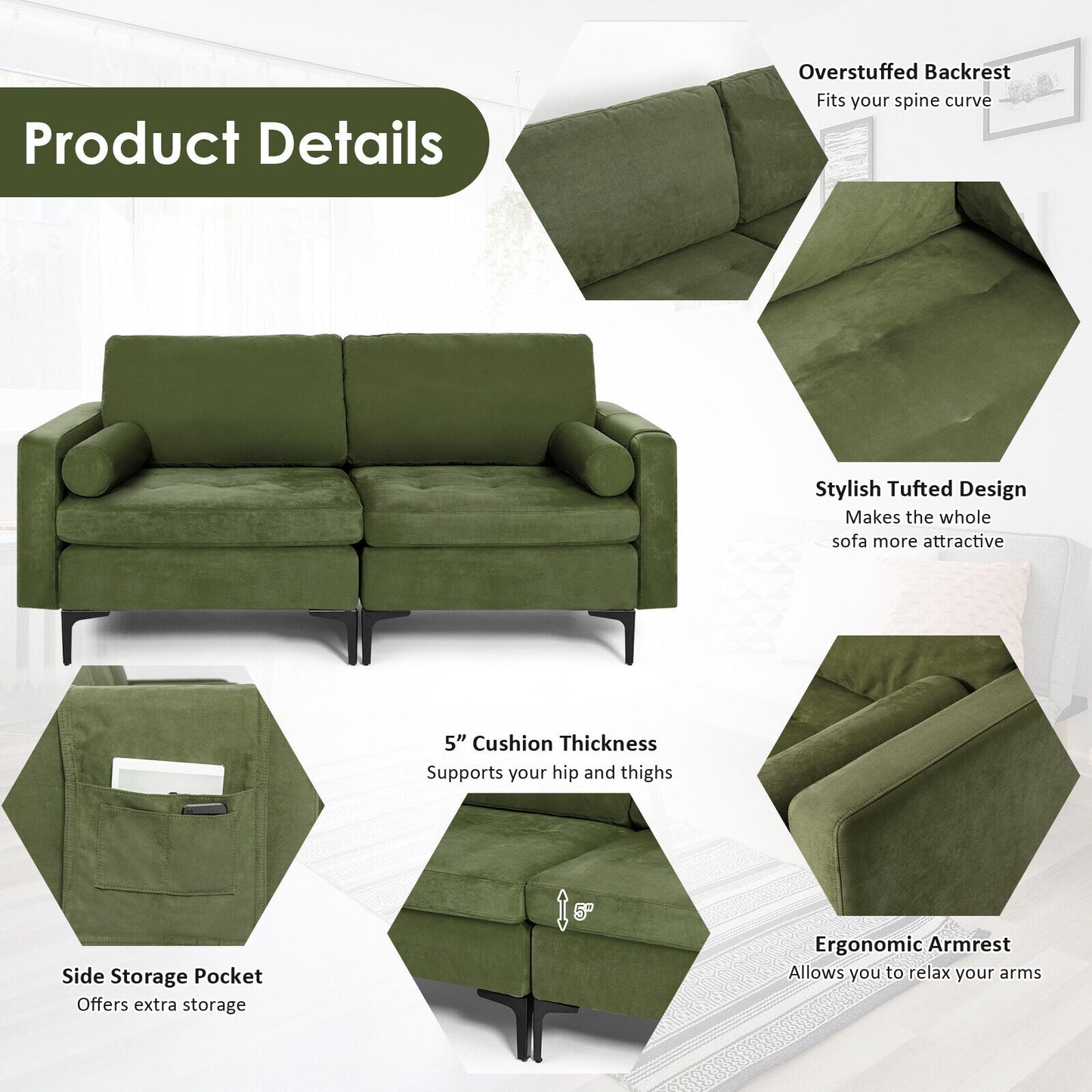 Modern 2-Seat Loveseat Sofa with Bolsters and Side Storage Pocket in Army Green