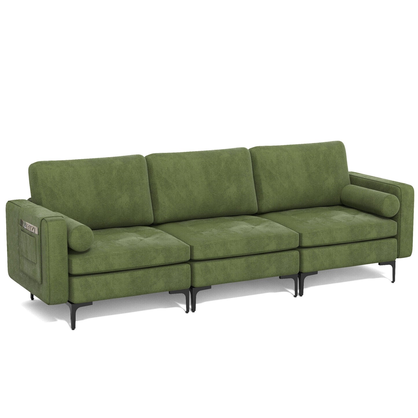 3 Seater Sofa Couch with Storage Pocket and Metal Legs, Dark Green Suede Upholstery