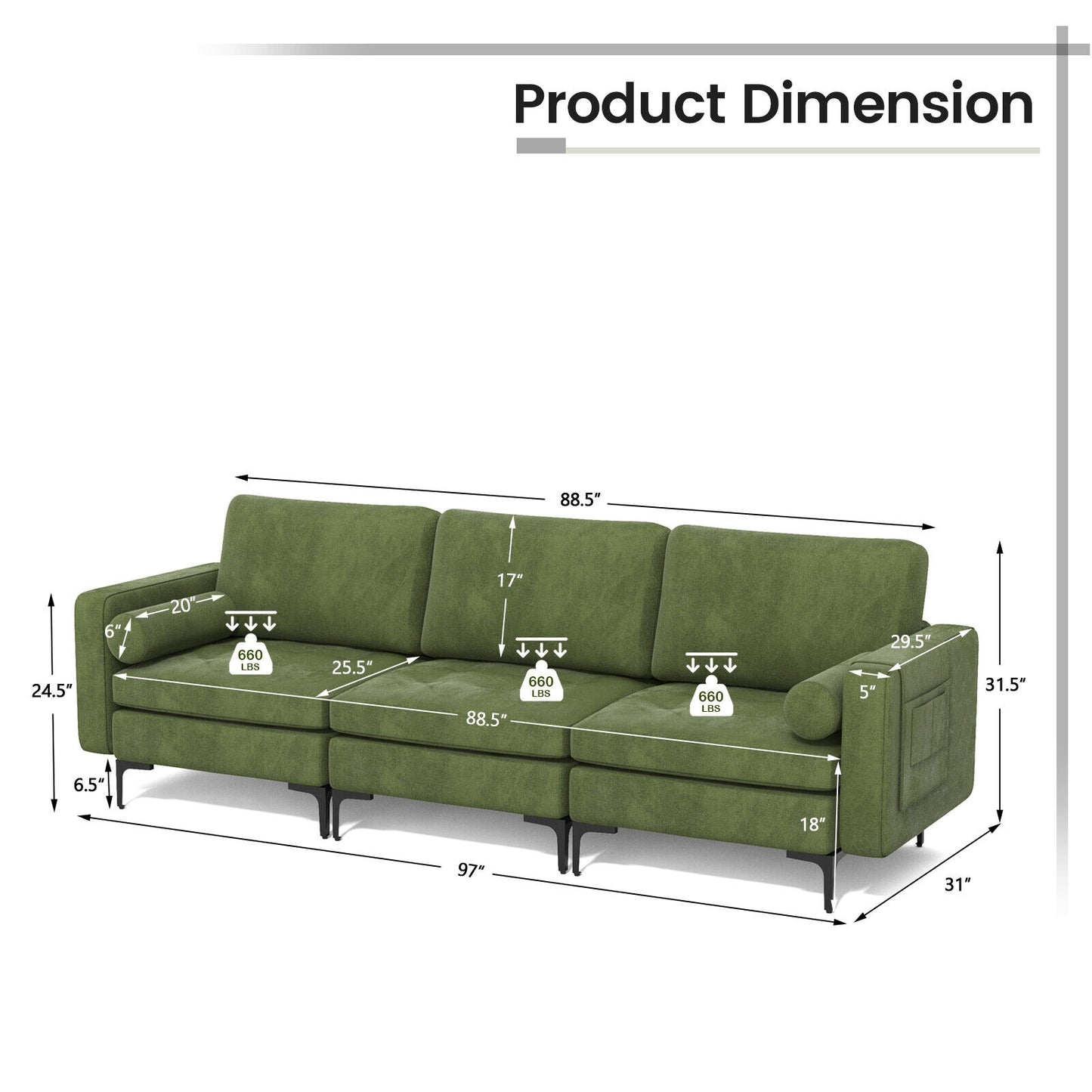 3 Seater Sofa Couch with Storage Pocket and Metal Legs, Dark Green Suede Upholstery