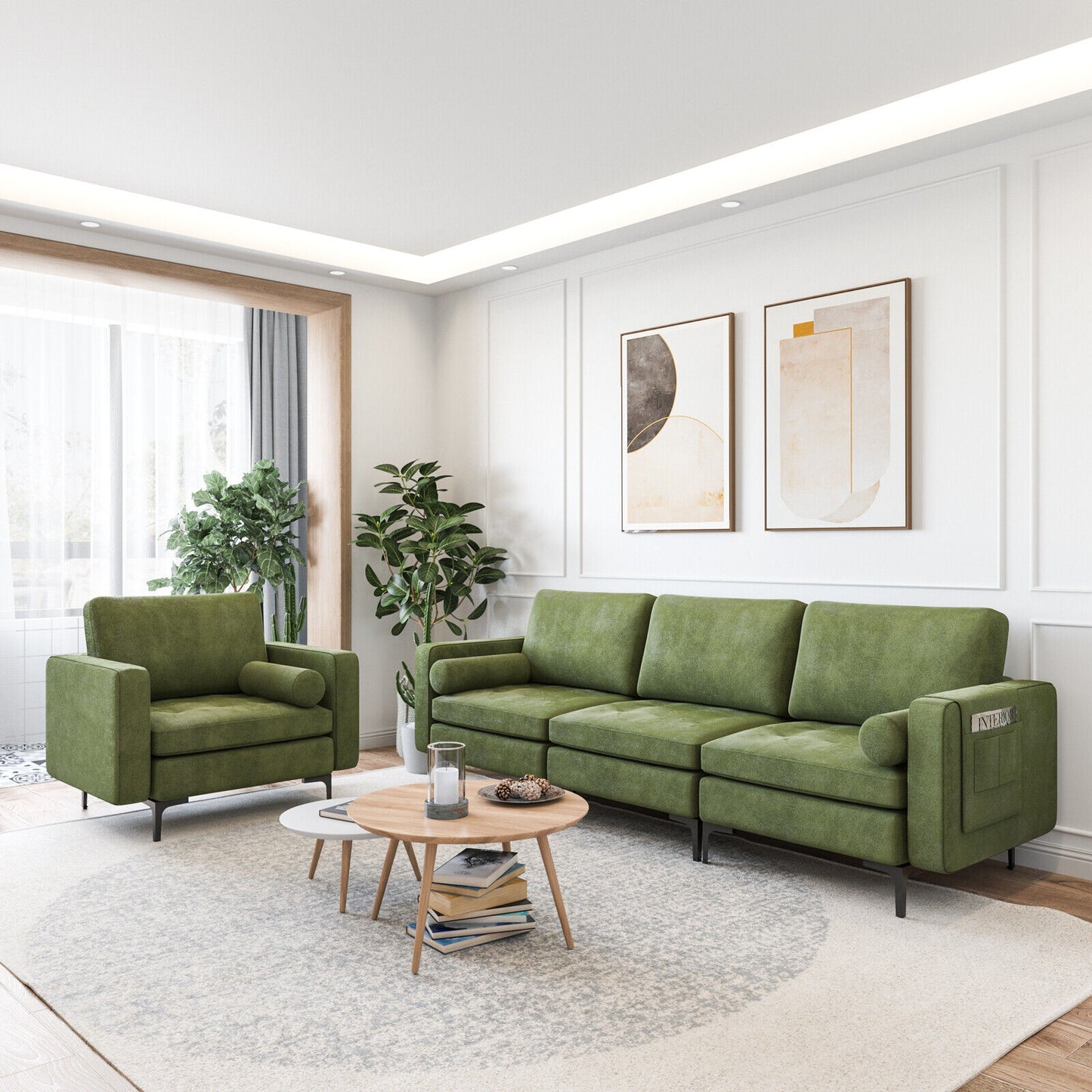 3 Seater Sofa Couch with Storage Pocket and Metal Legs, Dark Green Suede Upholstery