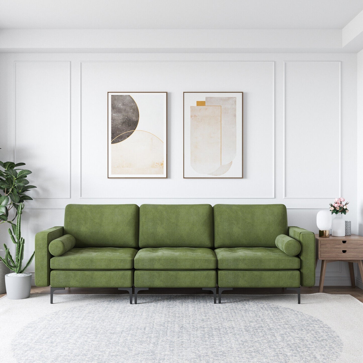 3 Seater Sofa Couch with Storage Pocket and Metal Legs, Dark Green Suede Upholstery