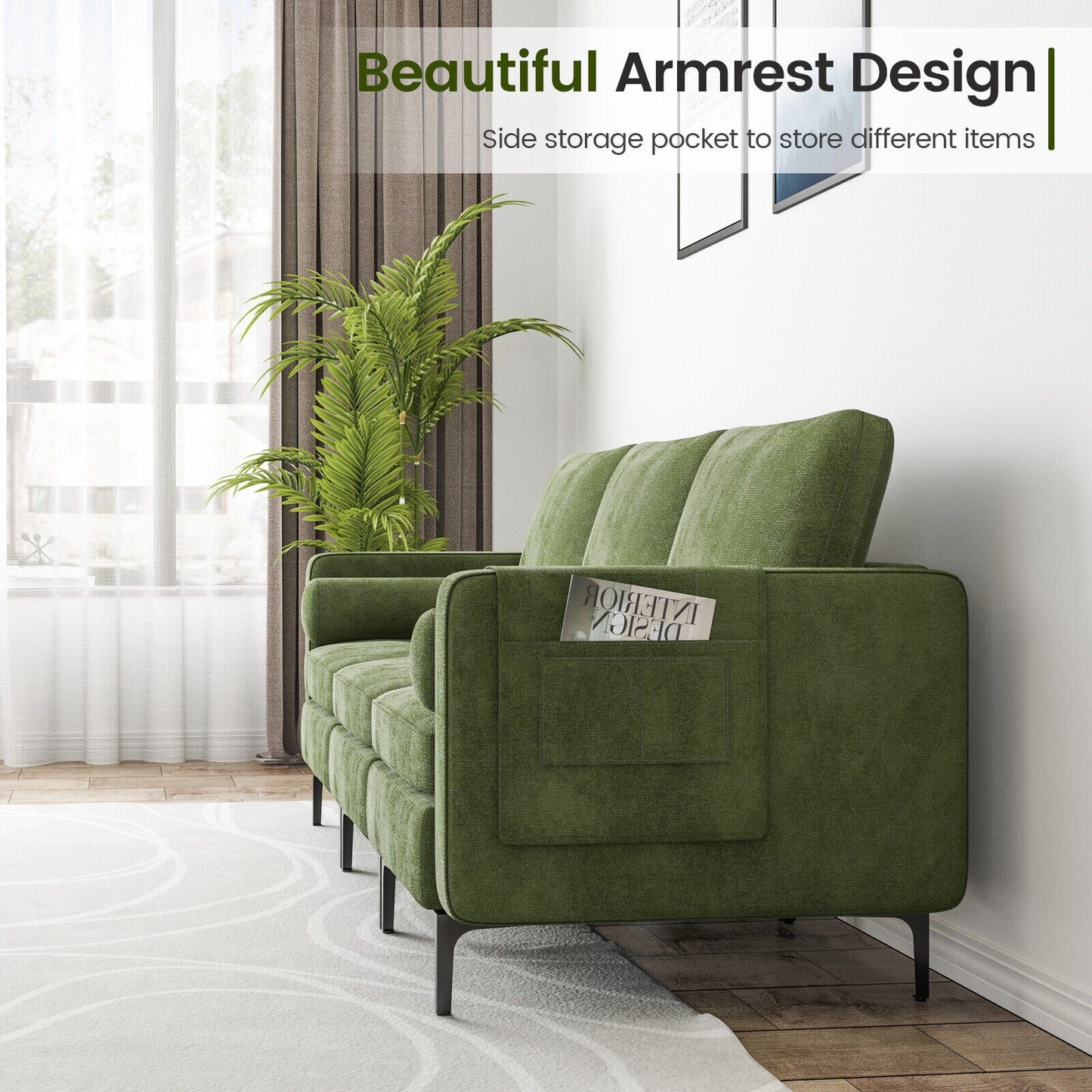3 Seater Sofa Couch with Storage Pocket and Metal Legs, Dark Green Suede Upholstery