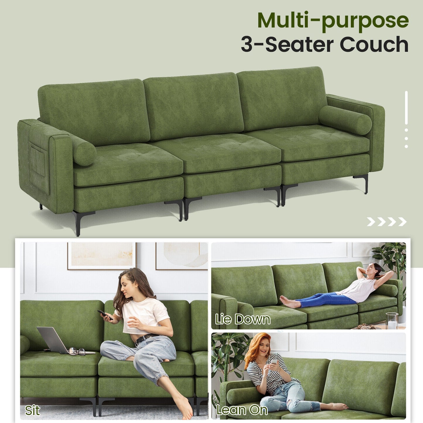 3 Seater Sofa Couch with Storage Pocket and Metal Legs, Dark Green Suede Upholstery