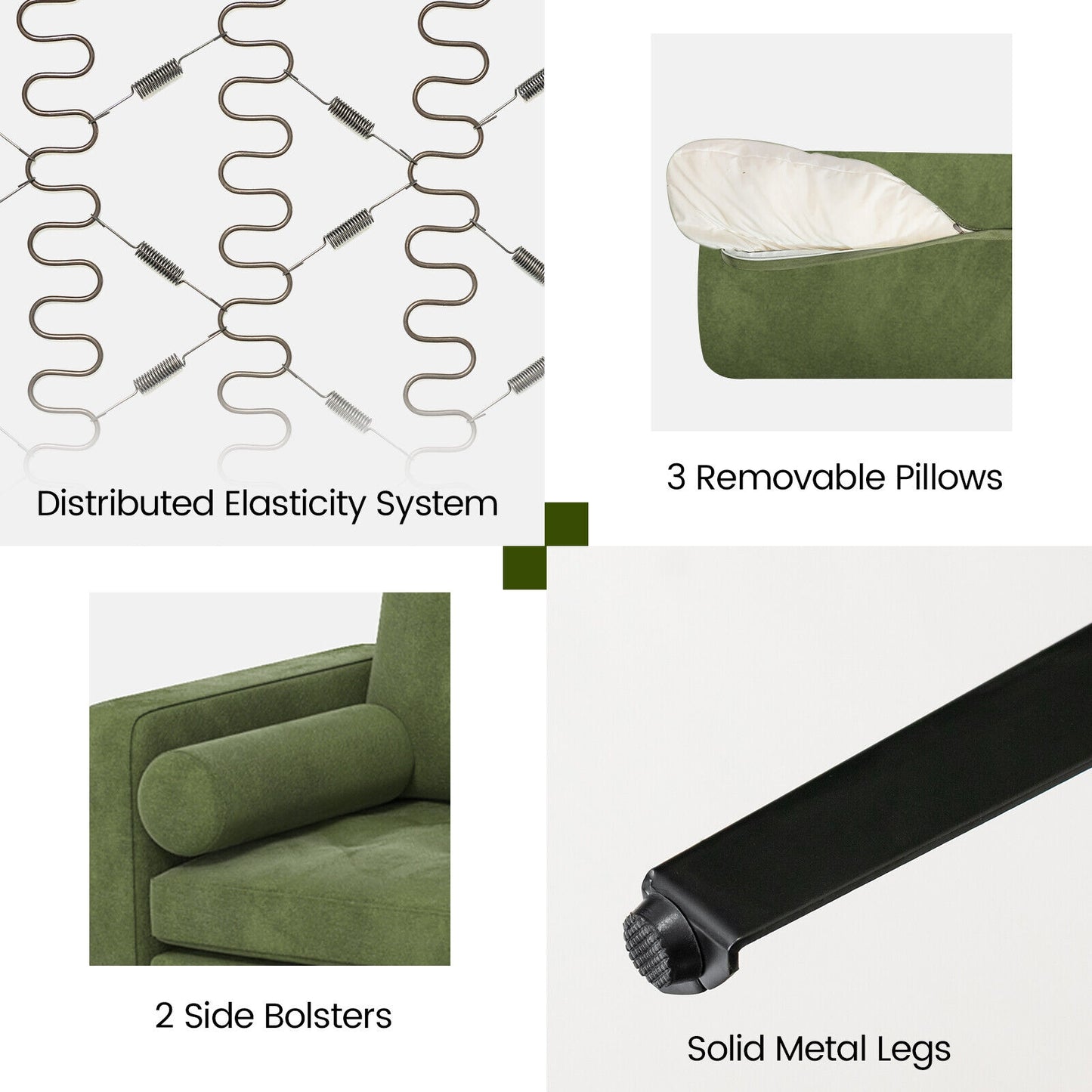 3 Seater Sofa Couch with Storage Pocket and Metal Legs, Dark Green Suede Upholstery