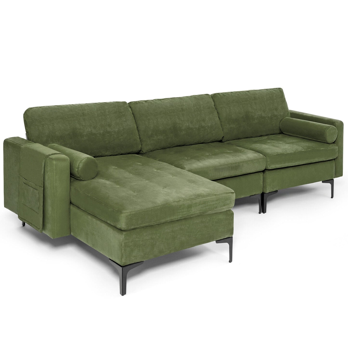 Modular L Shaped Sectional Sofa with Reversible Chaise USB Charging Ports and Hidden Storage in Army Green