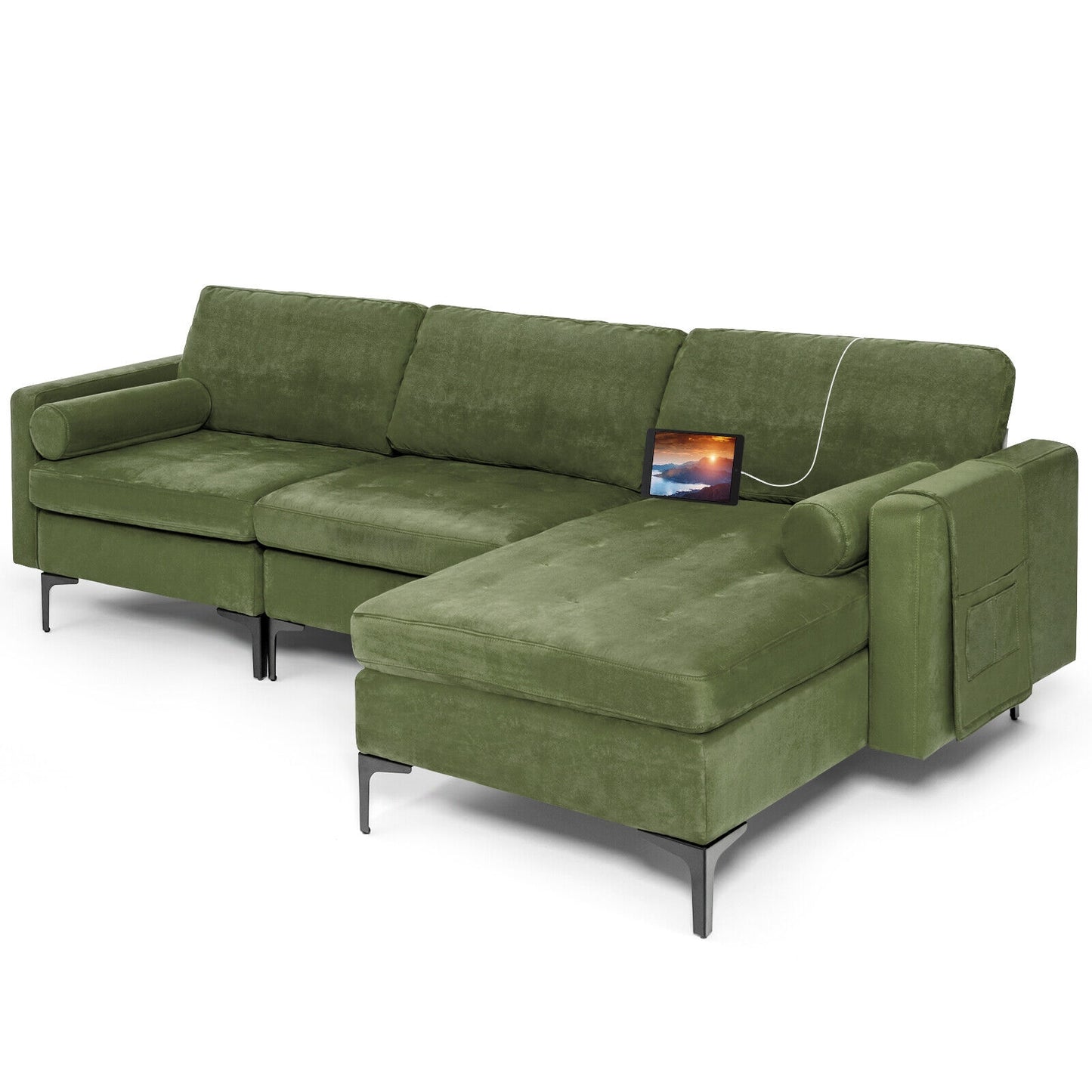 Modular L Shaped Sectional Sofa with Reversible Chaise USB Charging Ports and Hidden Storage in Army Green