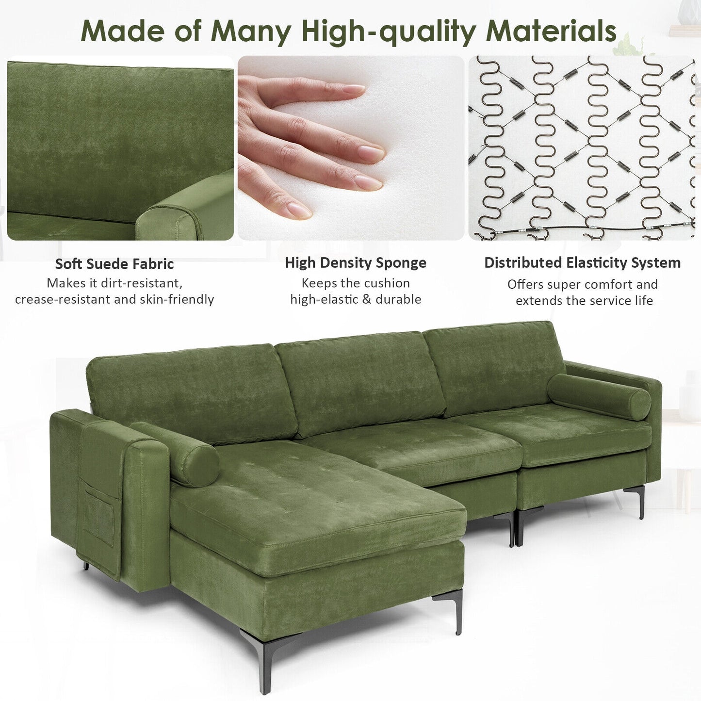 Modular L Shaped Sectional Sofa with Reversible Chaise USB Charging Ports and Hidden Storage in Army Green