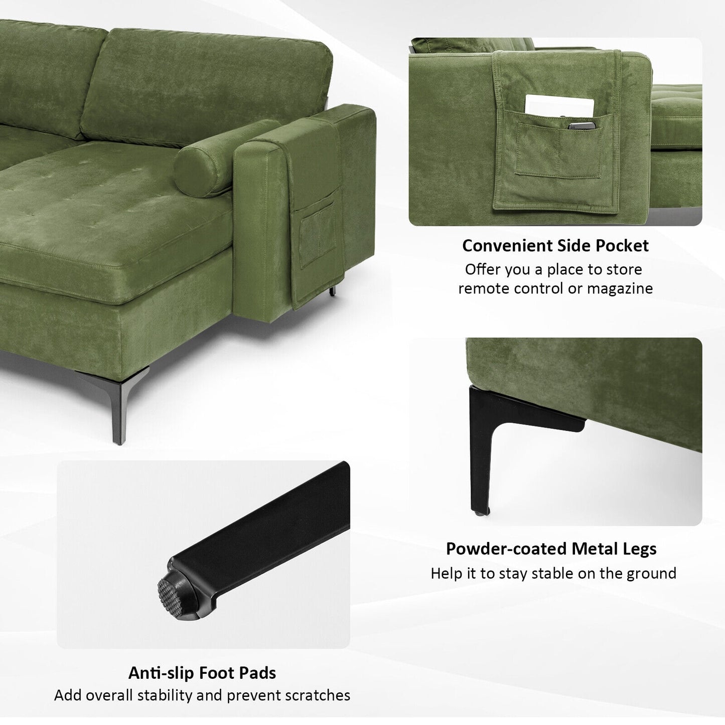 Modular L Shaped Sectional Sofa with Reversible Chaise USB Charging Ports and Hidden Storage in Army Green