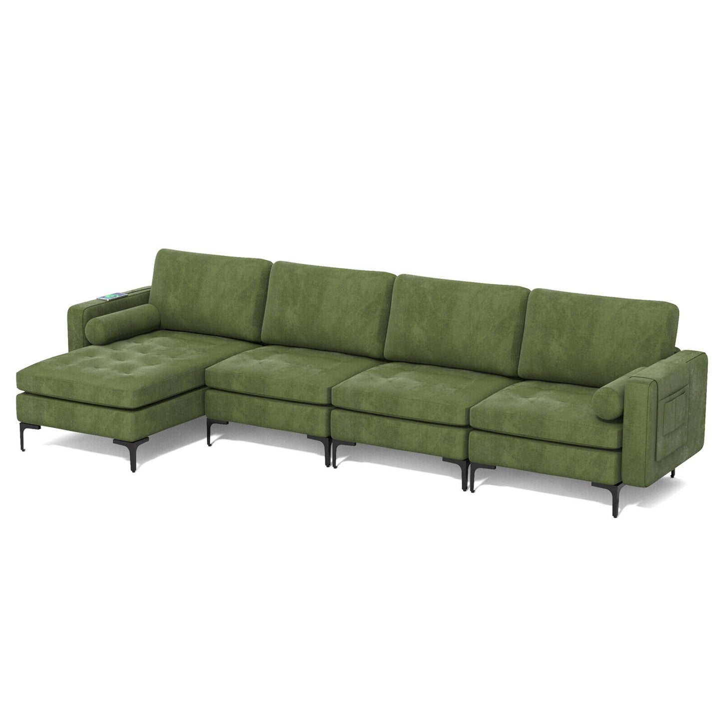 4 Seat L-Shaped Sectional with Reversible Chaise, Storage and USB Ports - Army Green