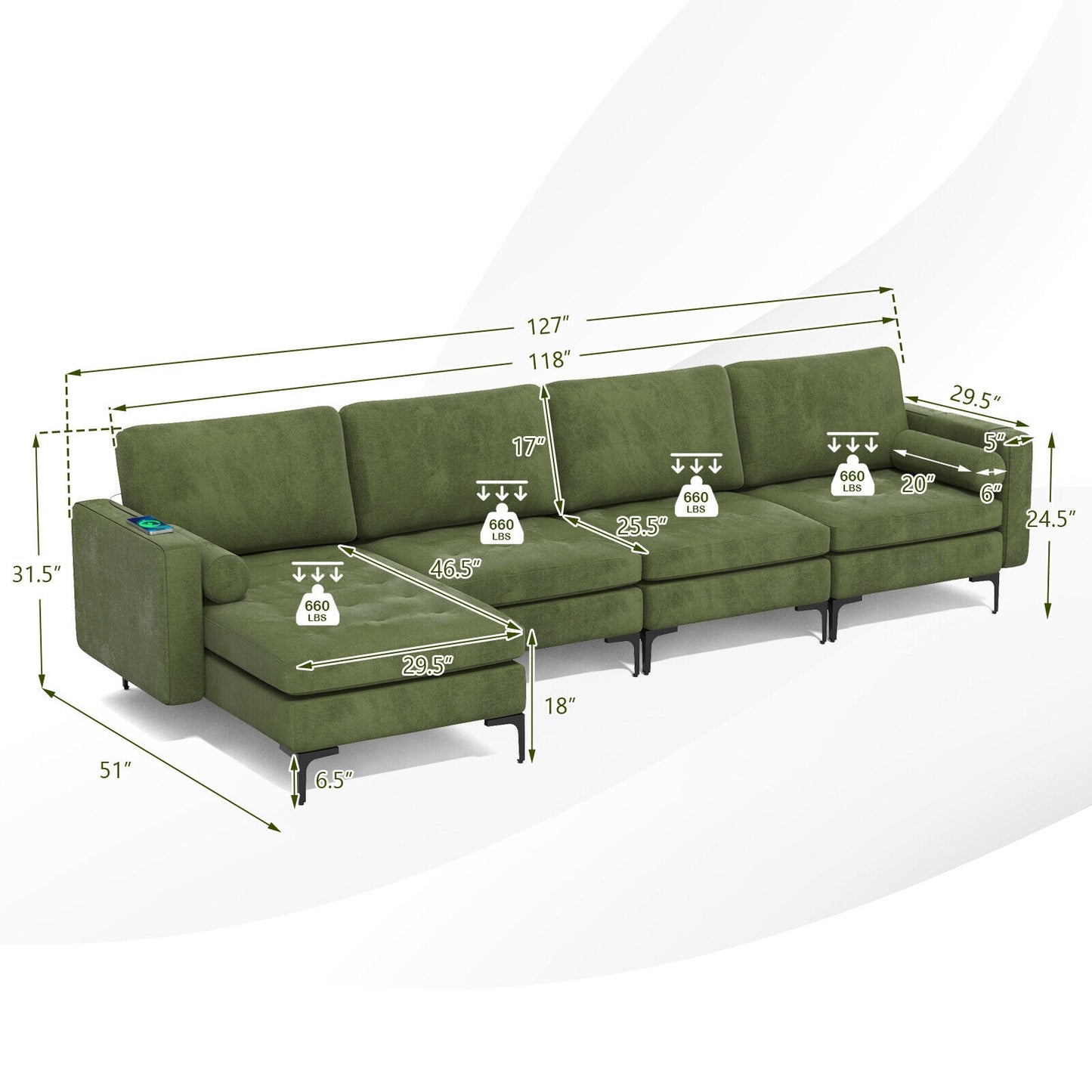 4 Seat L-Shaped Sectional with Reversible Chaise, Storage and USB Ports - Army Green