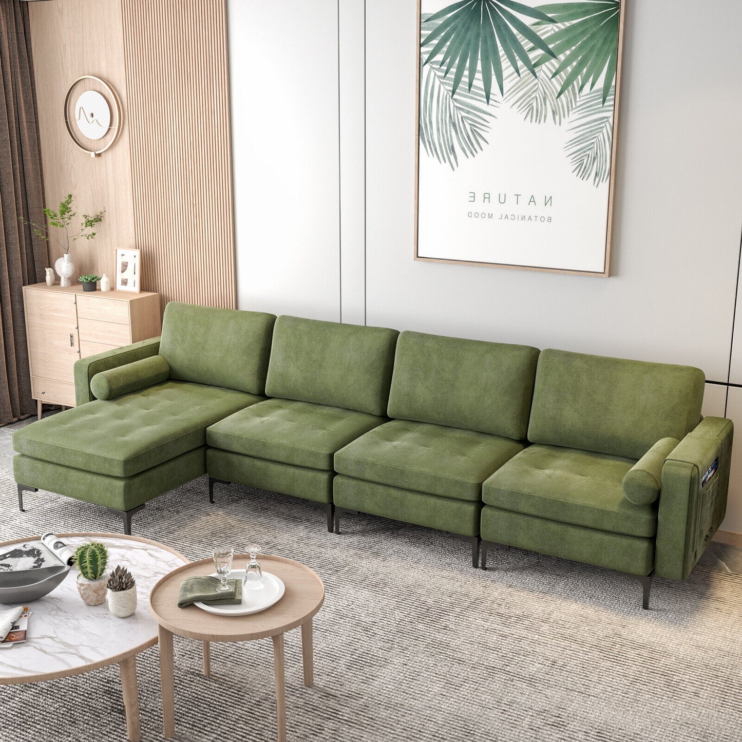 4 Seat L-Shaped Sectional with Reversible Chaise, Storage and USB Ports - Army Green