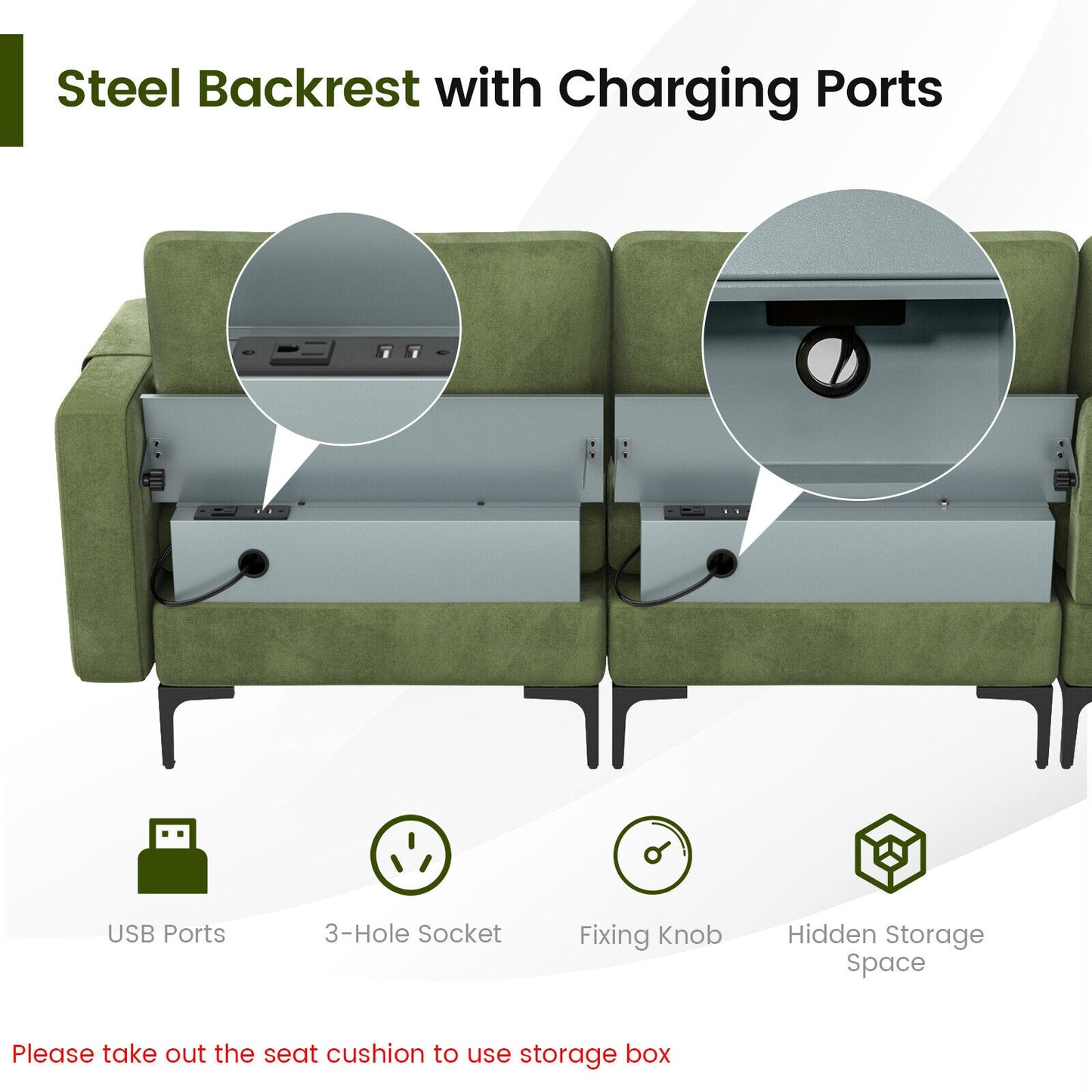 4 Seat L-Shaped Sectional with Reversible Chaise, Storage and USB Ports - Army Green