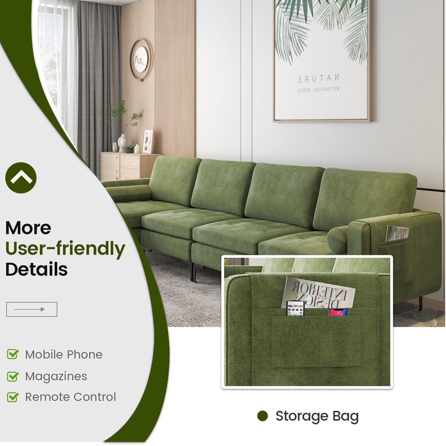 4 Seat L-Shaped Sectional with Reversible Chaise, Storage and USB Ports - Army Green