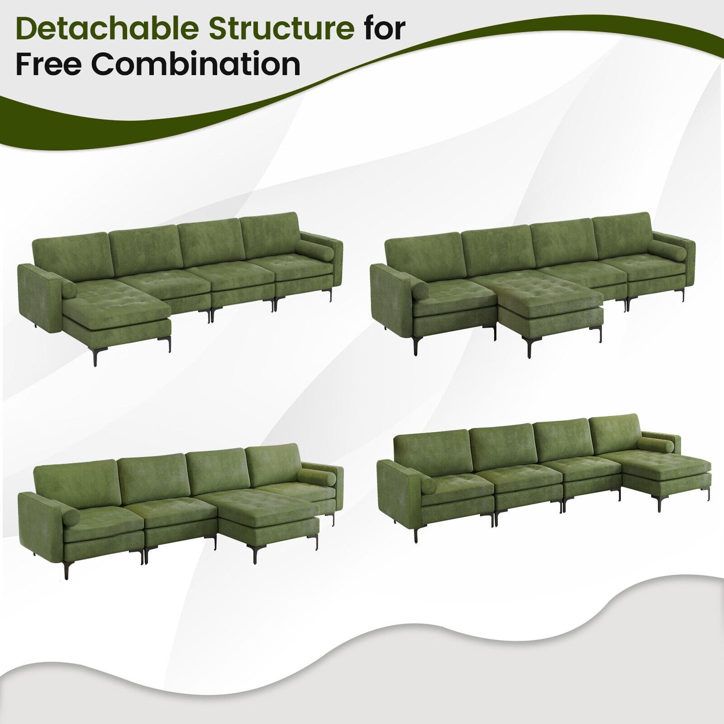 4 Seat L-Shaped Sectional with Reversible Chaise, Storage and USB Ports - Army Green