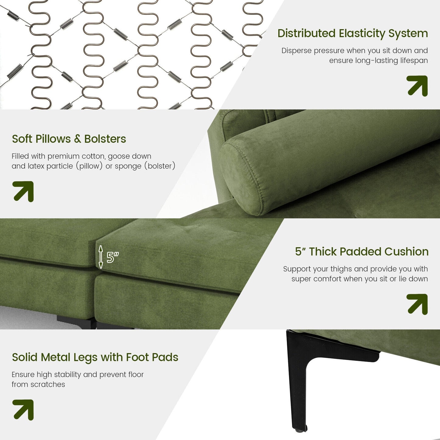4 Seat L-Shaped Sectional with Reversible Chaise, Storage and USB Ports - Army Green