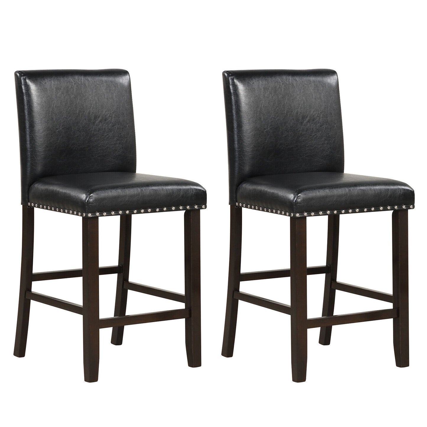 Set of 2 Upholstered Counter Height Bar Stools with Backrest and Footrest in Black