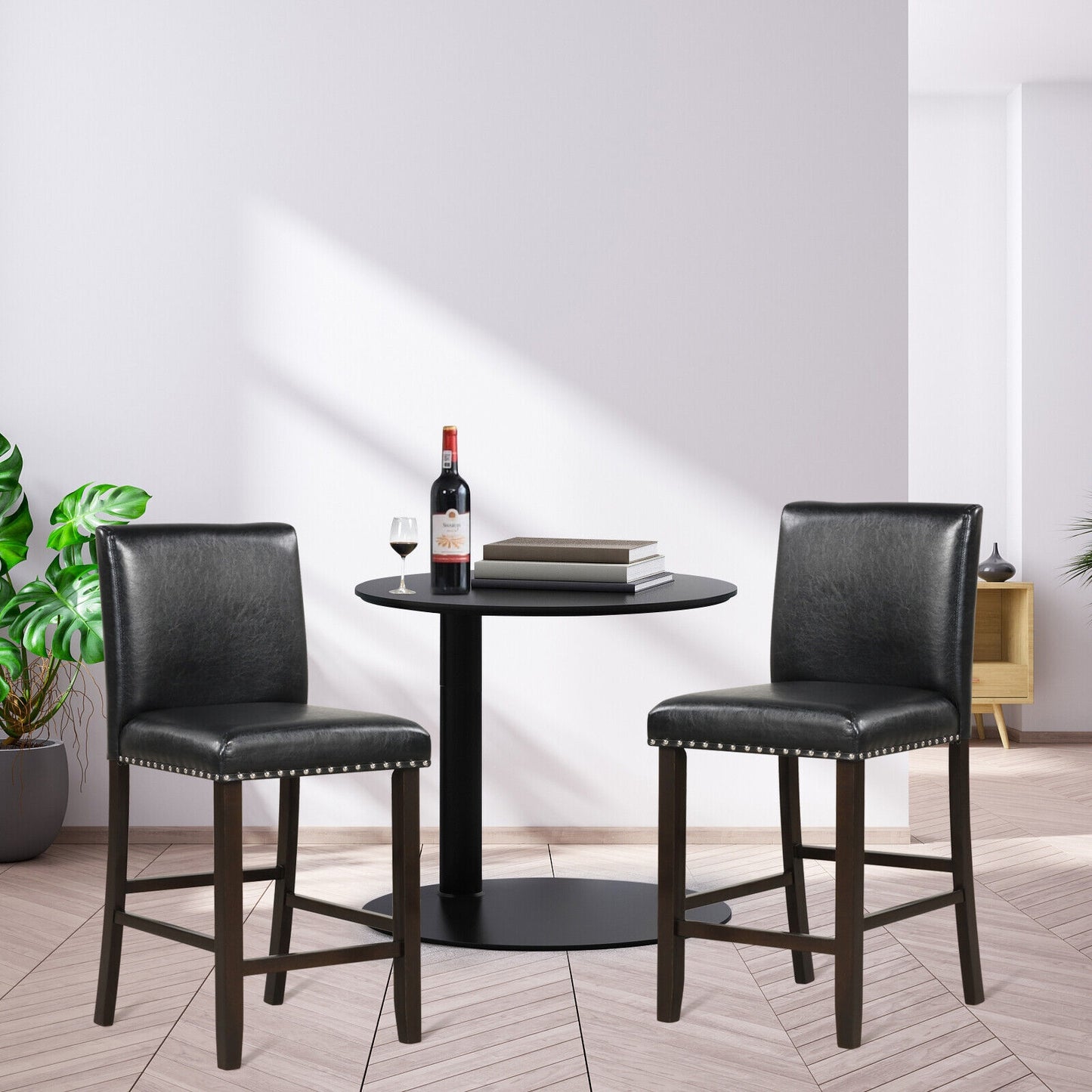 Set of 2 Upholstered Counter Height Bar Stools with Backrest and Footrest in Black