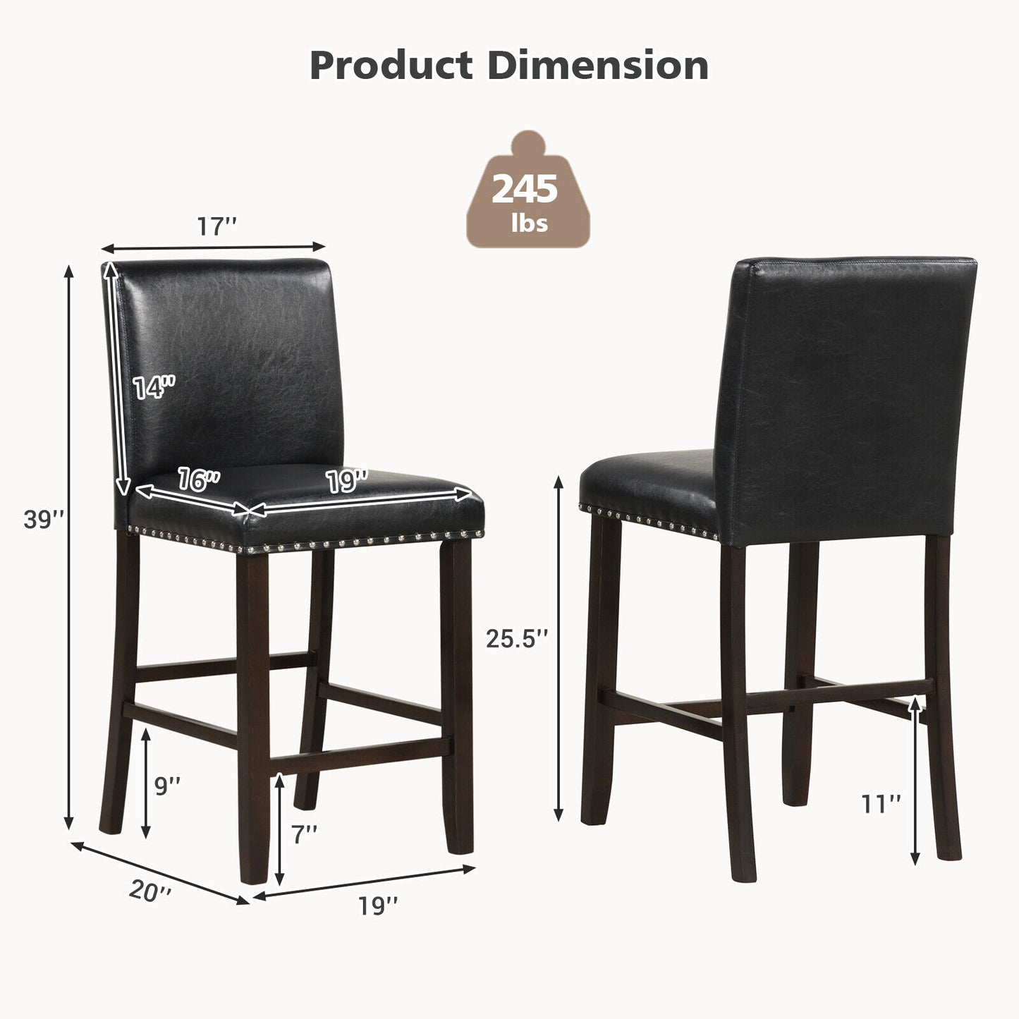 Set of 2 Upholstered Counter Height Bar Stools with Backrest and Footrest in Black