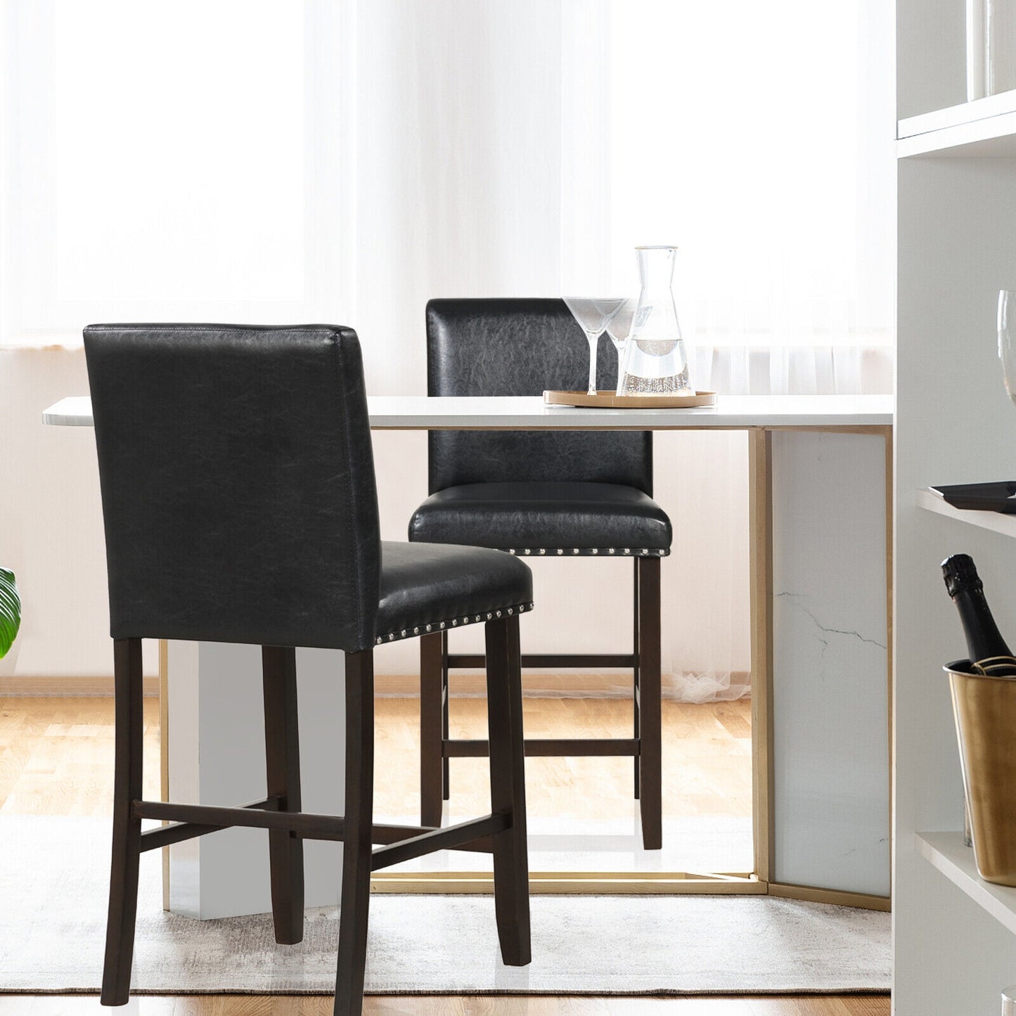 Set of 2 Upholstered Counter Height Bar Stools with Backrest and Footrest in Black