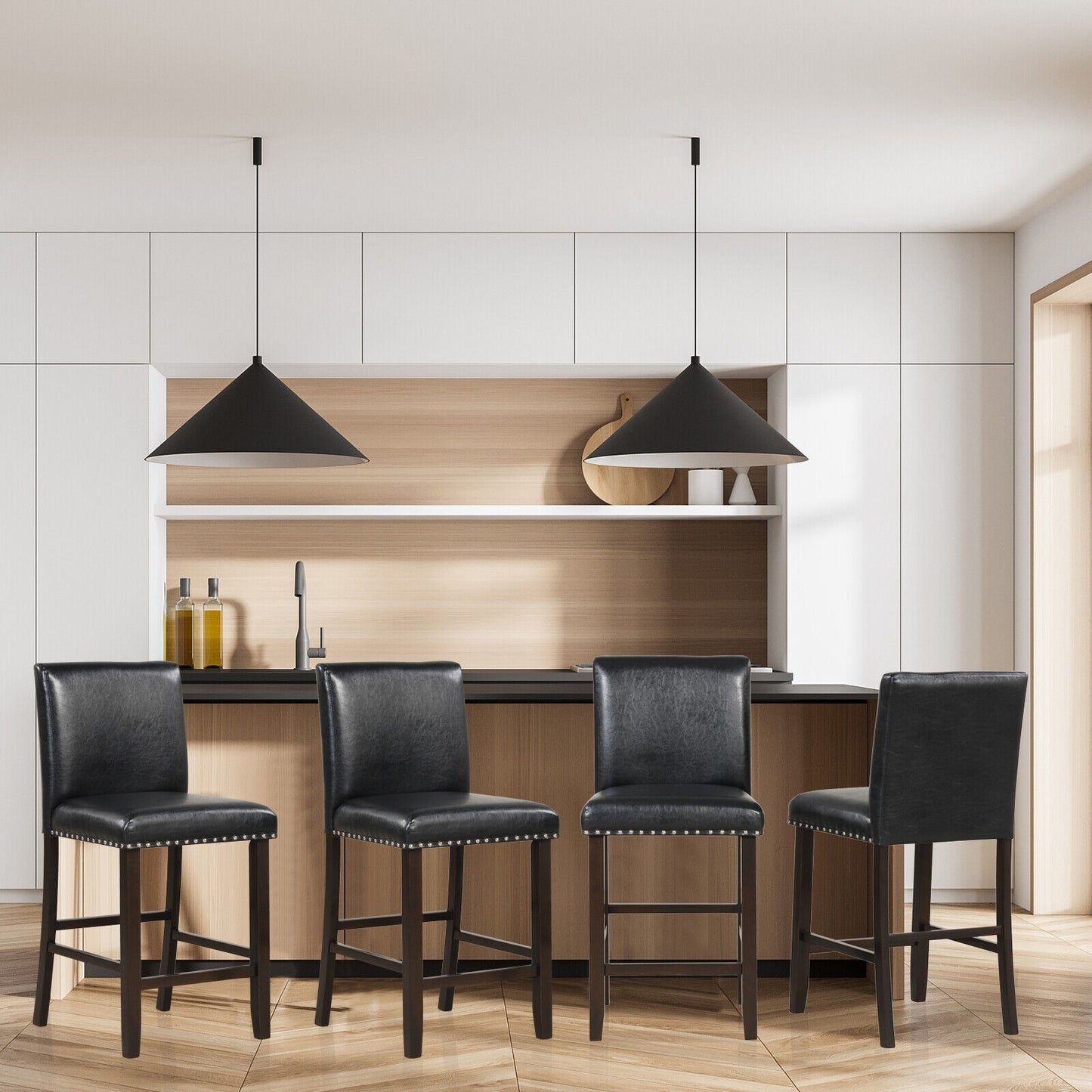 Set of 2 Upholstered Counter Height Bar Stools with Backrest and Footrest in Black