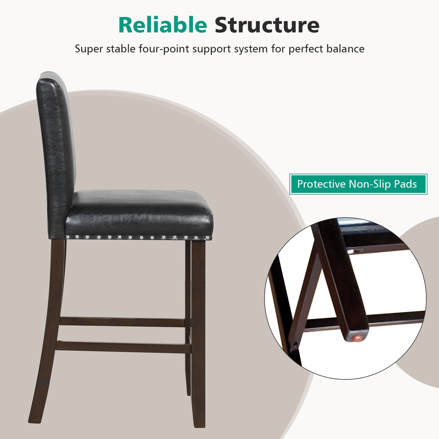 Set of 2 Upholstered Counter Height Bar Stools with Backrest and Footrest in Black