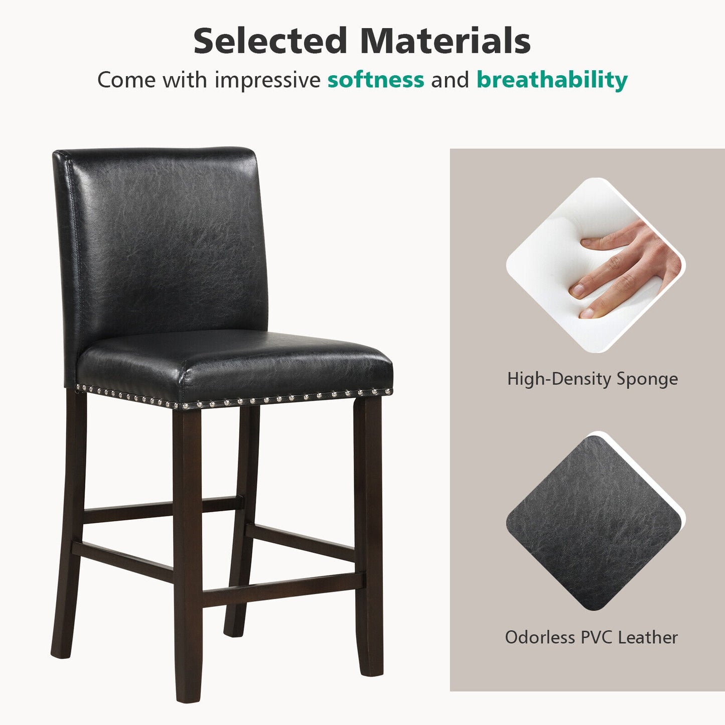 Set of 2 Upholstered Counter Height Bar Stools with Backrest and Footrest in Black