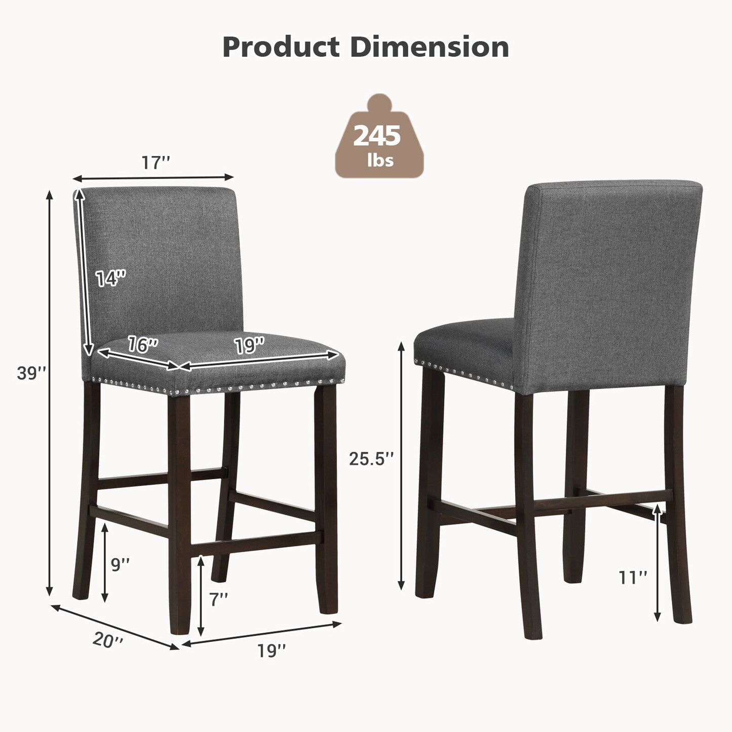 Set of 2 Upholstered Counter Height Bar Stools with Backrest and Footrest in Grey
