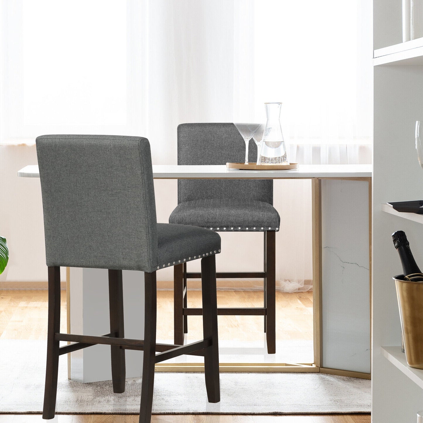 Set of 2 Upholstered Counter Height Bar Stools with Backrest and Footrest in Grey