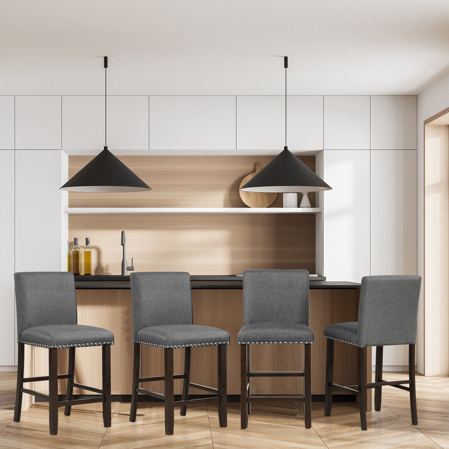 Set of 2 Upholstered Counter Height Bar Stools with Backrest and Footrest in Grey