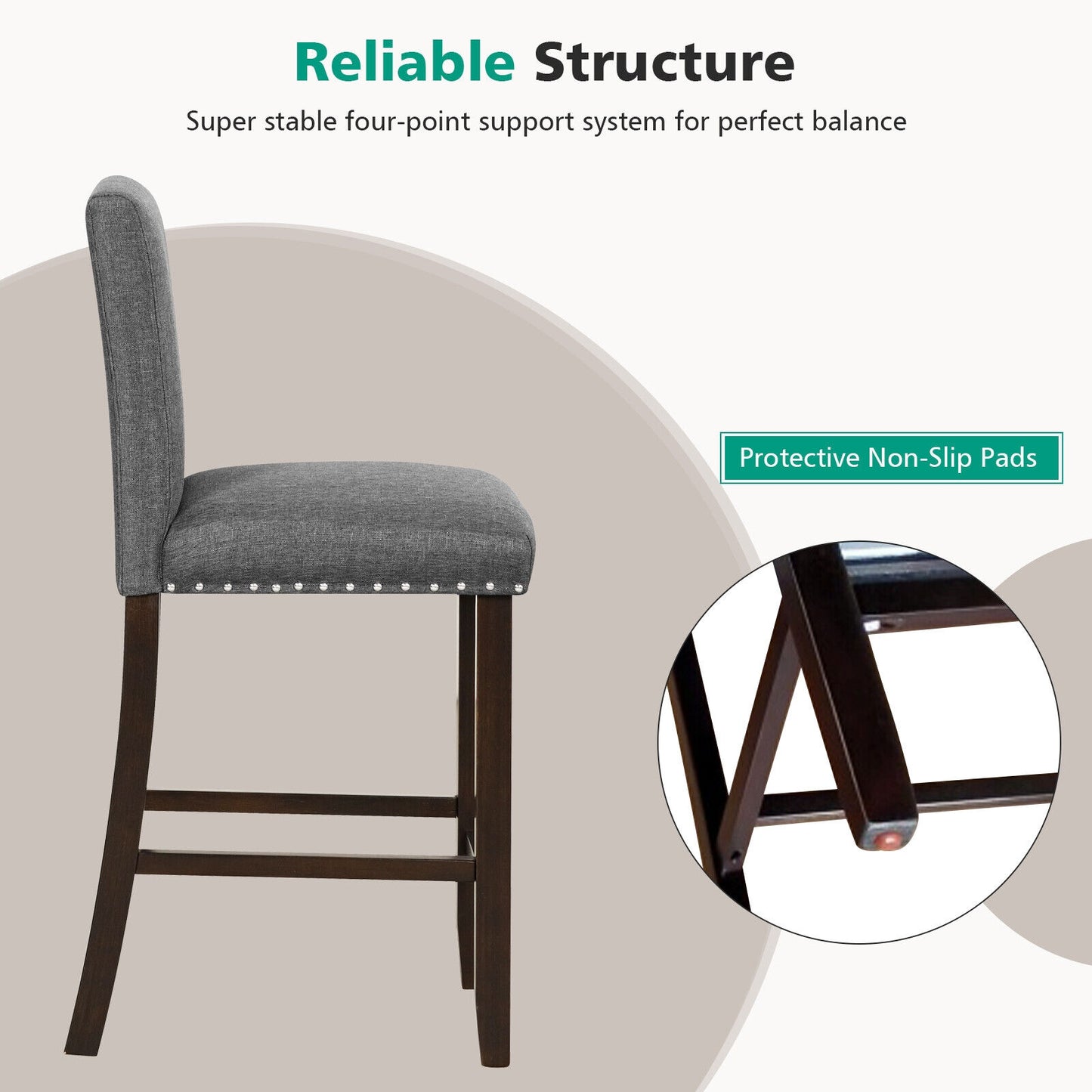 Set of 2 Upholstered Counter Height Bar Stools with Backrest and Footrest in Grey