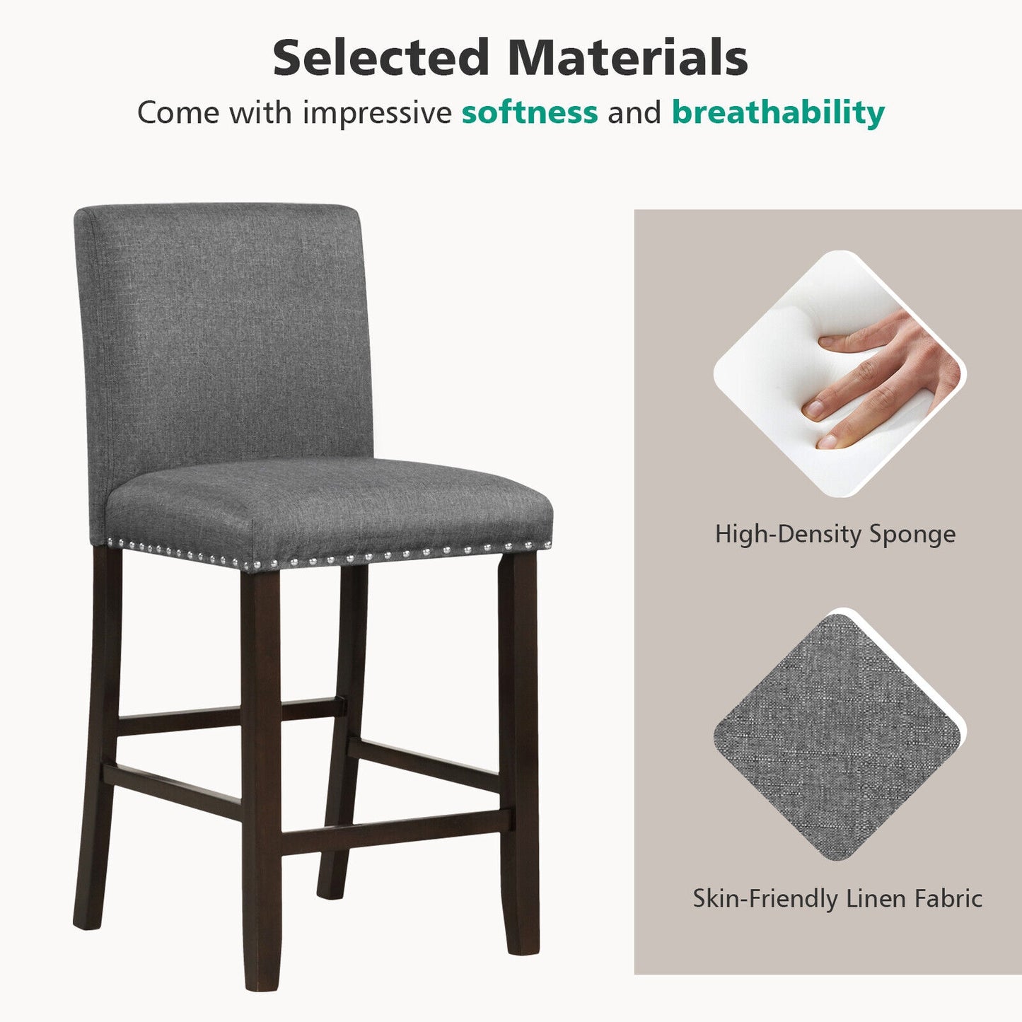 Set of 2 Upholstered Counter Height Bar Stools with Backrest and Footrest in Grey