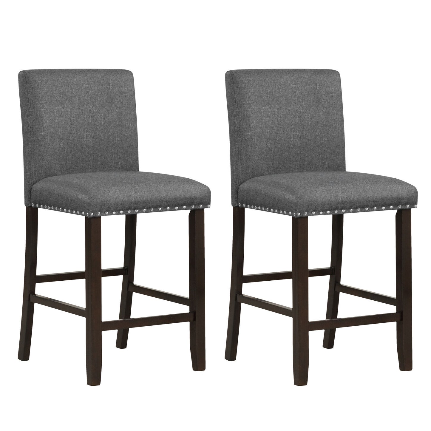 Set of 2 Upholstered Counter Height Bar Stools with Backrest and Footrest in Grey
