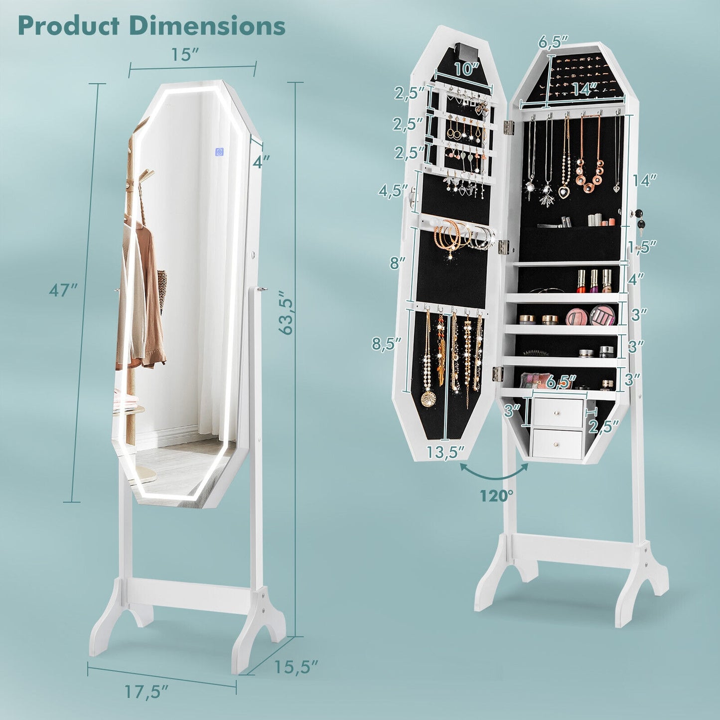 3-in-1 Standing Jewelry Armoire with Full-Length LED Mirror, Lockable Storage and Makeup Organizer