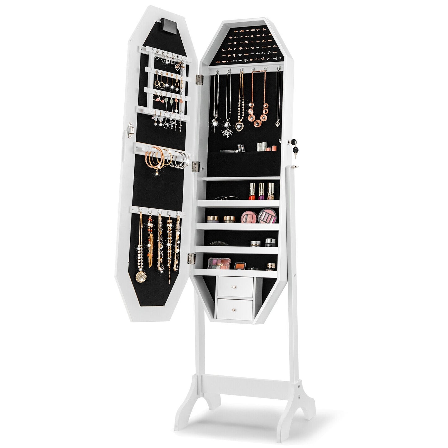 3-in-1 Standing Jewelry Armoire with Full-Length LED Mirror, Lockable Storage and Makeup Organizer