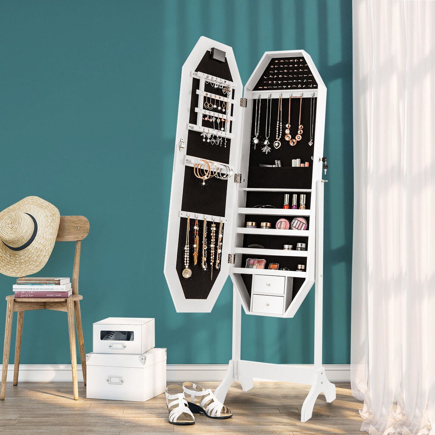 3-in-1 Standing Jewelry Armoire with Full-Length LED Mirror, Lockable Storage and Makeup Organizer