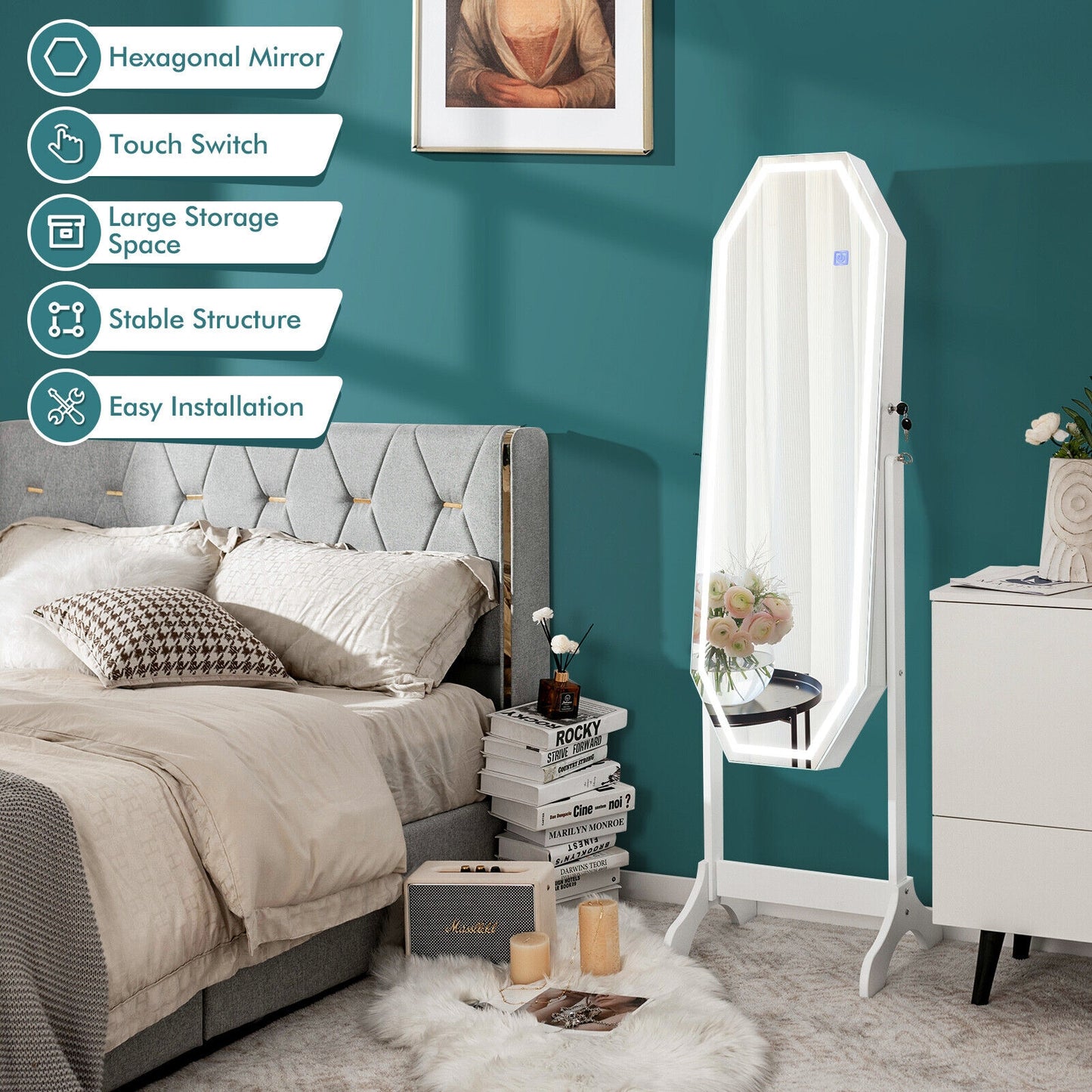 3-in-1 Standing Jewelry Armoire with Full-Length LED Mirror, Lockable Storage and Makeup Organizer