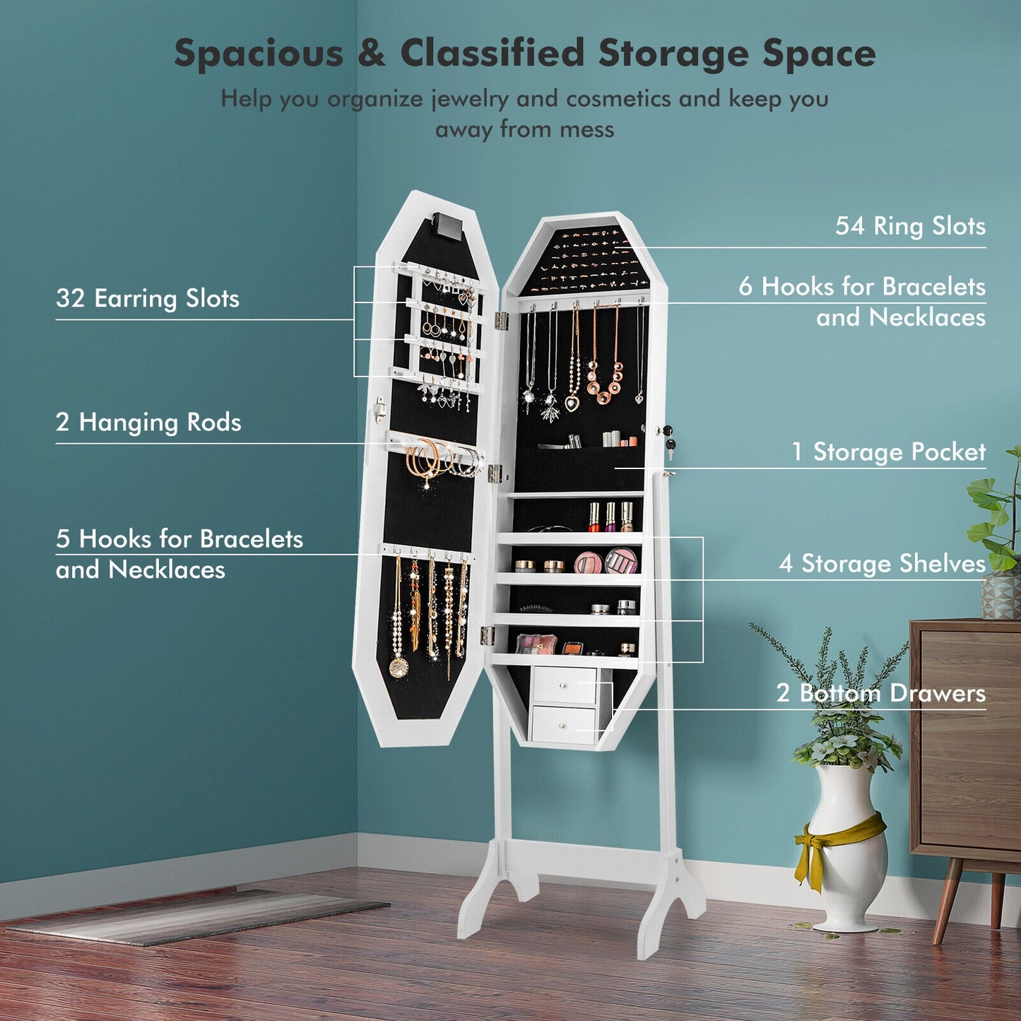 3-in-1 Standing Jewelry Armoire with Full-Length LED Mirror, Lockable Storage and Makeup Organizer