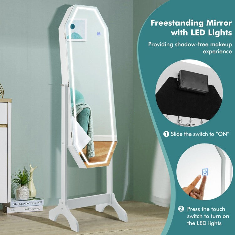 3-in-1 Standing Jewelry Armoire with Full-Length LED Mirror, Lockable Storage and Makeup Organizer