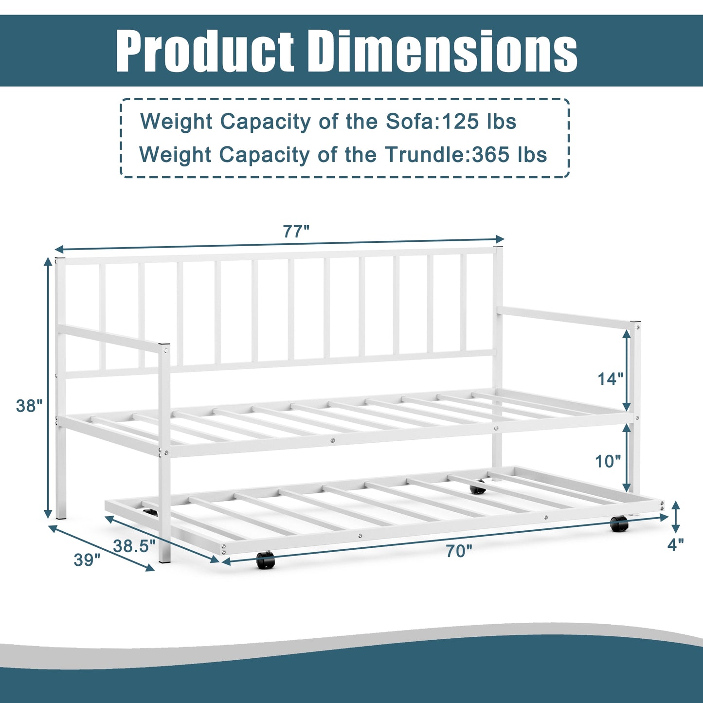 Metal Twin Daybed with Pull Out Trundle Frame Set for Guest Room or Small Spaces White