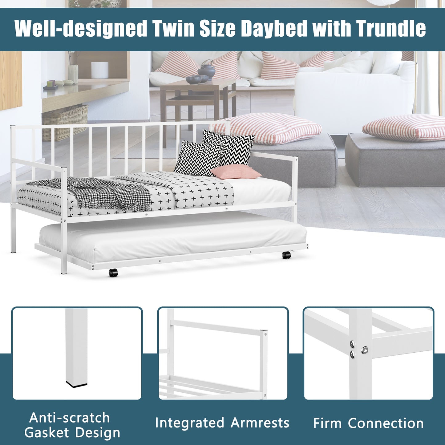 Metal Twin Daybed with Pull Out Trundle Frame Set for Guest Room or Small Spaces White