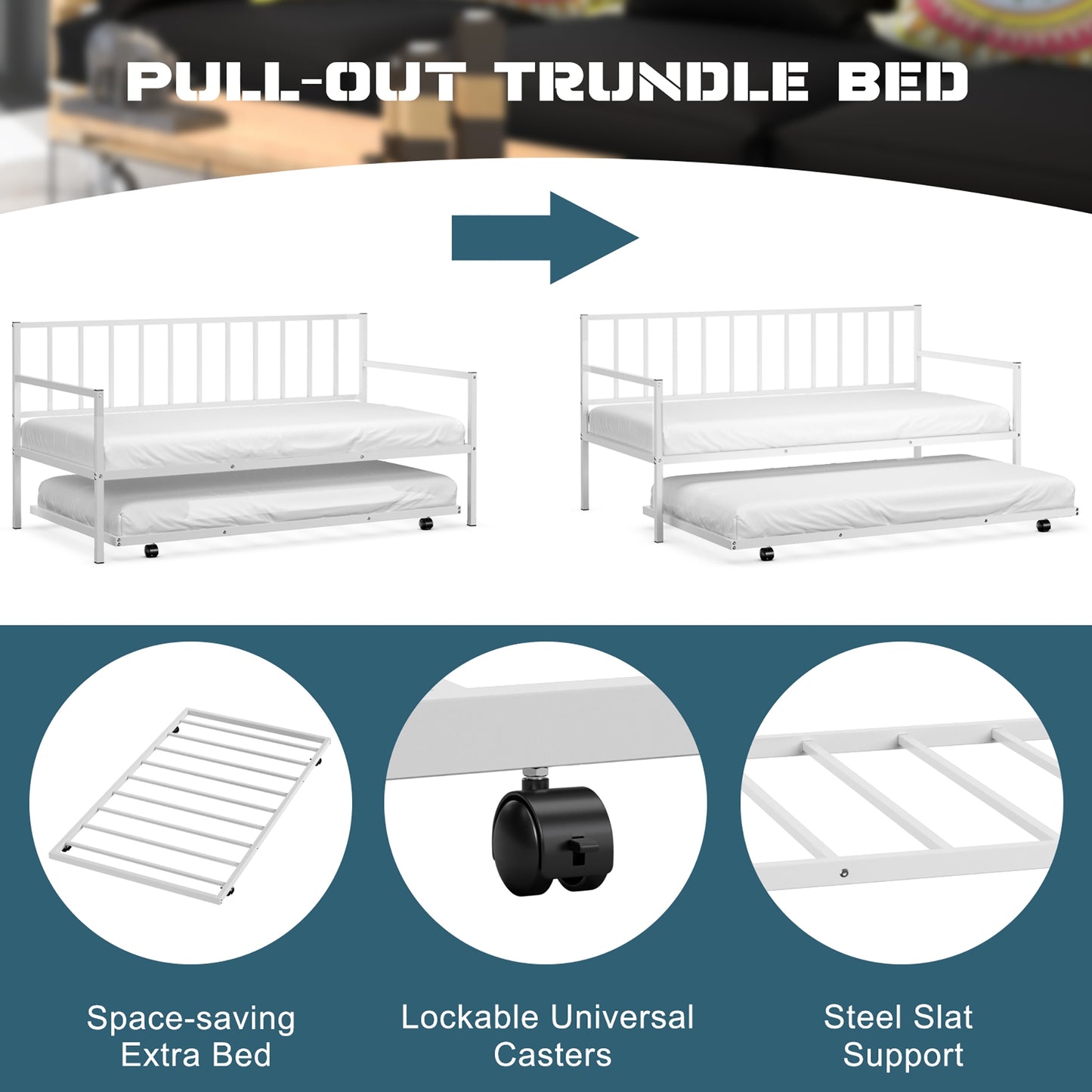 Metal Twin Daybed with Pull Out Trundle Frame Set for Guest Room or Small Spaces White