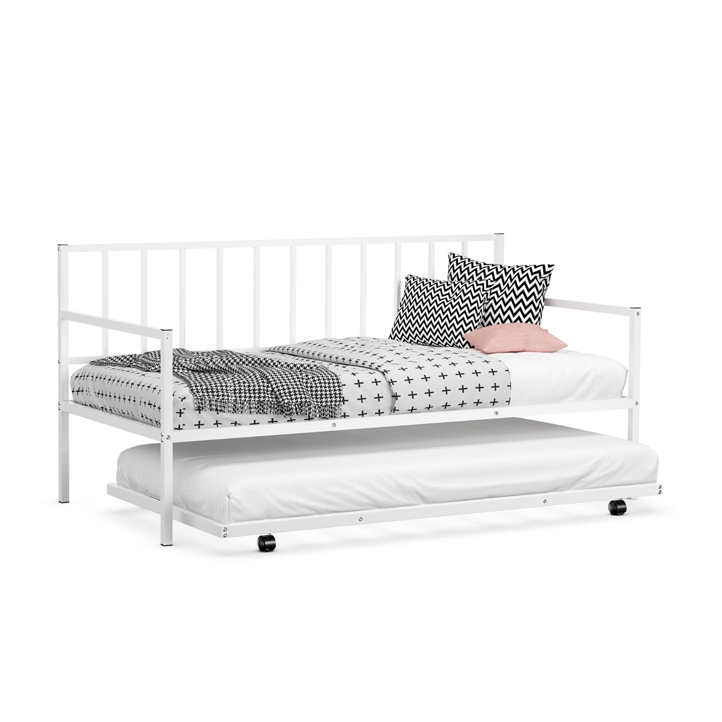 Metal Twin Daybed with Pull Out Trundle Frame Set for Guest Room or Small Spaces White